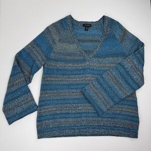 Tribal Teal and Blue Striped V-Neck Sweater